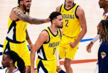Tyrese Haliburton (centrp) liquidó a Oklahoma City con un disparo milagroso