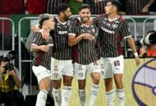 Jugadores de Fluminense celebran la victoria ante Platense en el partido de ida de los cuartos de final de la Copa Libertadores 2026.